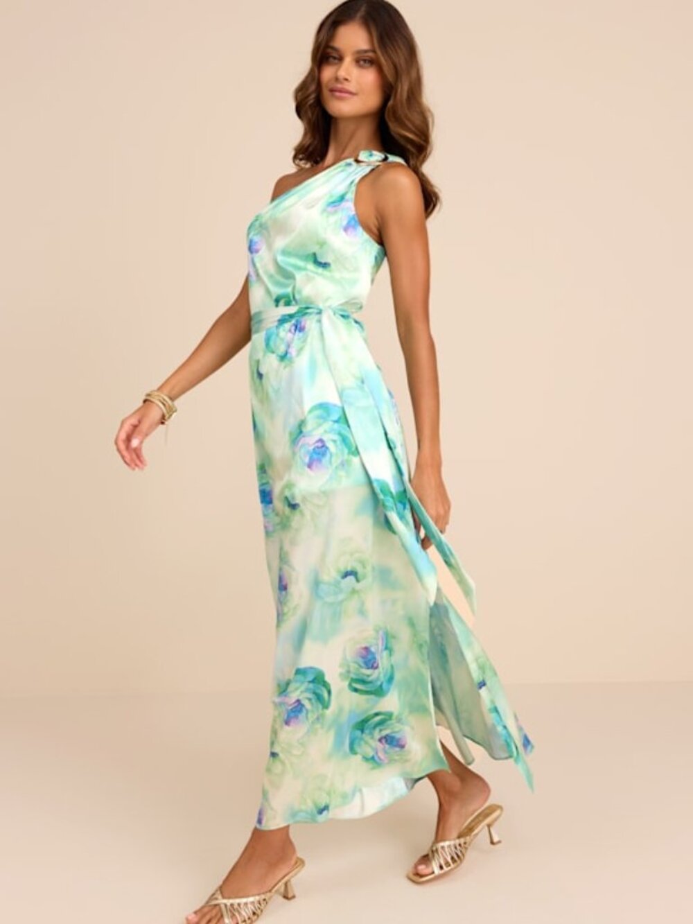 Lulus Goddess Aura Light Green Floral Satin One-shoulder Maxi Dress - Size L